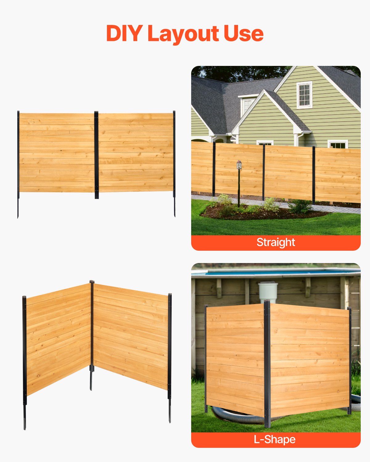 VEVOR Valla de Madera 1100 x 982 mm, 2 Paneles de Valla Sólida, Cerramiento con Estacas de Metal, Valla de madera para Exteriores para Decoración de Jardín, Aire Acondicionado, Equipo de Piscina