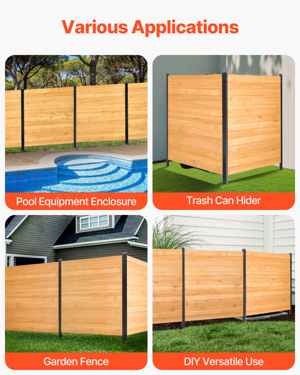 VEVOR Valla de Madera 1100 x 982 mm, 2 Paneles de Valla Sólida, Cerramiento con Estacas de Metal, Valla de madera para Exteriores para Decoración de Jardín, Aire Acondicionado, Equipo de Piscina