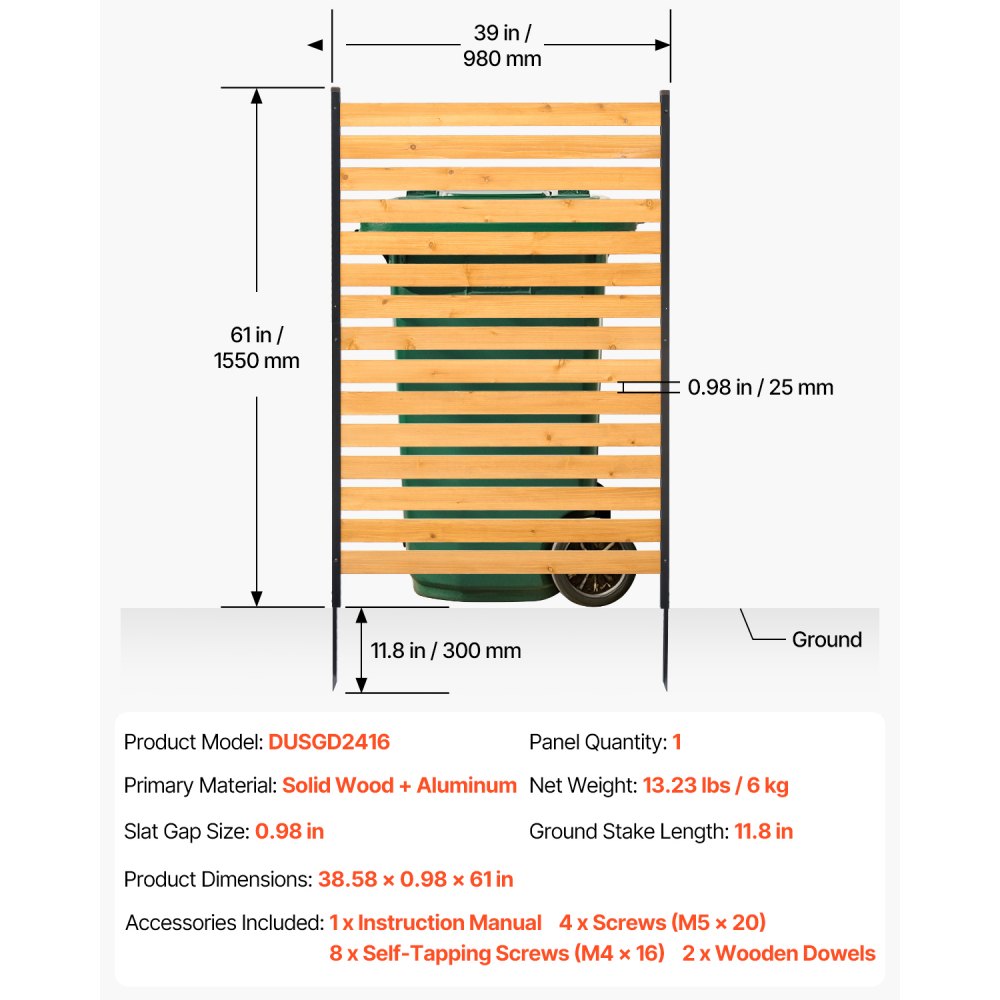 VEVOR Valla de Madera 1550 x 980 mm, Valla de Listones de 1 Panel, Cerramiento con Estacas de Metal, Valla de madera para Exteriores para Decoración de Jardín, Aire Acondicionado, Equipo de Piscina
