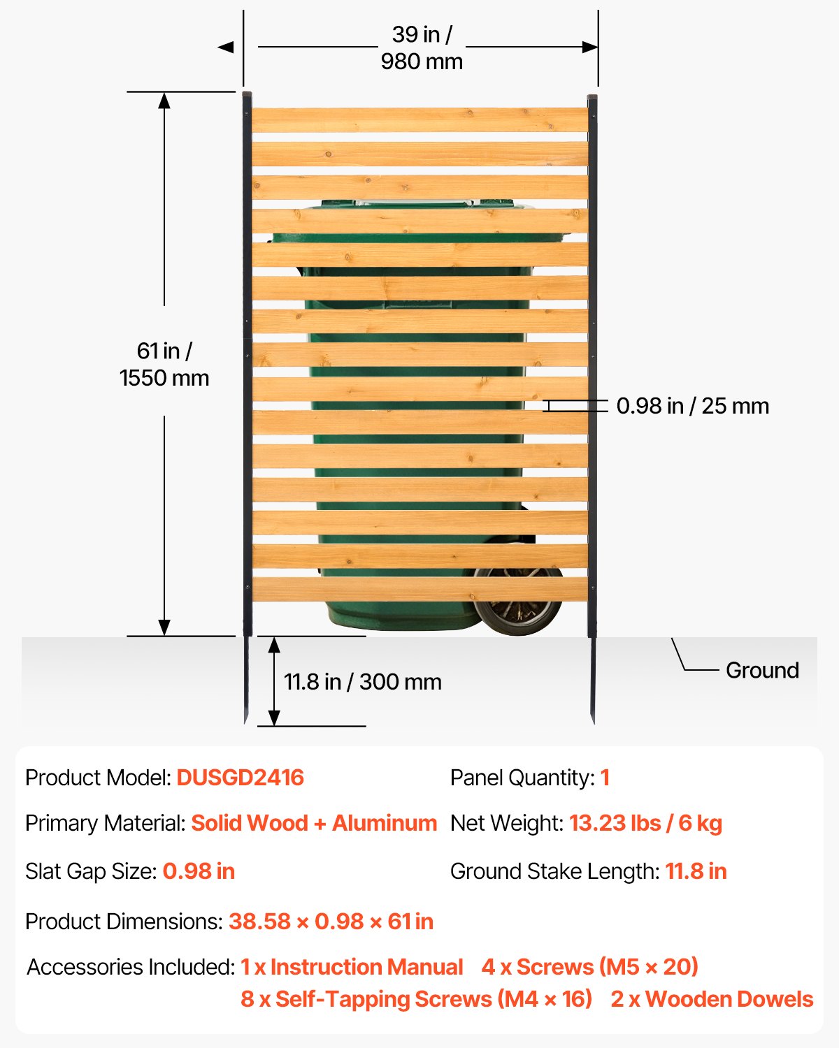 VEVOR Valla de Madera 1550 x 980 mm, Valla de Listones de 1 Panel, Cerramiento con Estacas de Metal, Valla de madera para Exteriores para Decoración de Jardín, Aire Acondicionado, Equipo de Piscina