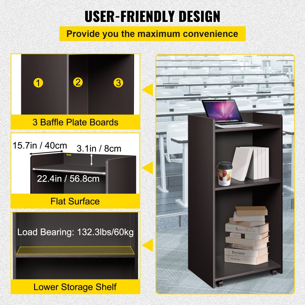 VEVOR Podio de Madera de Pie 60x40x120 cm Podio Portátil de Pie Capacidad de 60 kg, Madera MDF Duradera, Podio de Madera Rodante con 4 Ruedas Giratorias de 360° para Restaurantes, Iglesias, Hogares