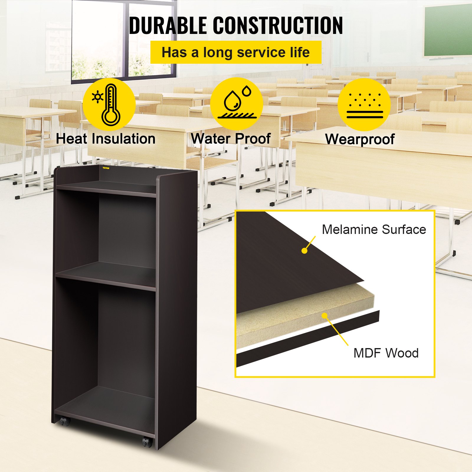 VEVOR Podio de Madera de Pie 60x40x120 cm Podio Portátil de Pie Capacidad de 60 kg, Madera MDF Duradera, Podio de Madera Rodante con 4 Ruedas Giratorias de 360° para Restaurantes, Iglesias, Hogares