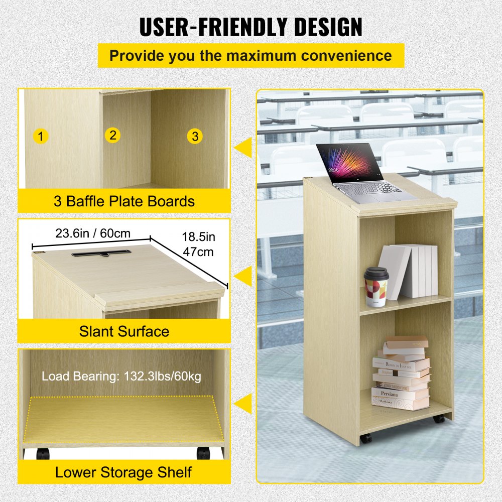VEVOR Podio de Madera Inclinado 60x40x120 cm Podio Portátil de Pie Capacidad de 60 kg, Madera MDF Duradera, Podio de Madera Rodante con 4 Ruedas Giratorias de 360° para Restaurantes e Iglesias, Blanco