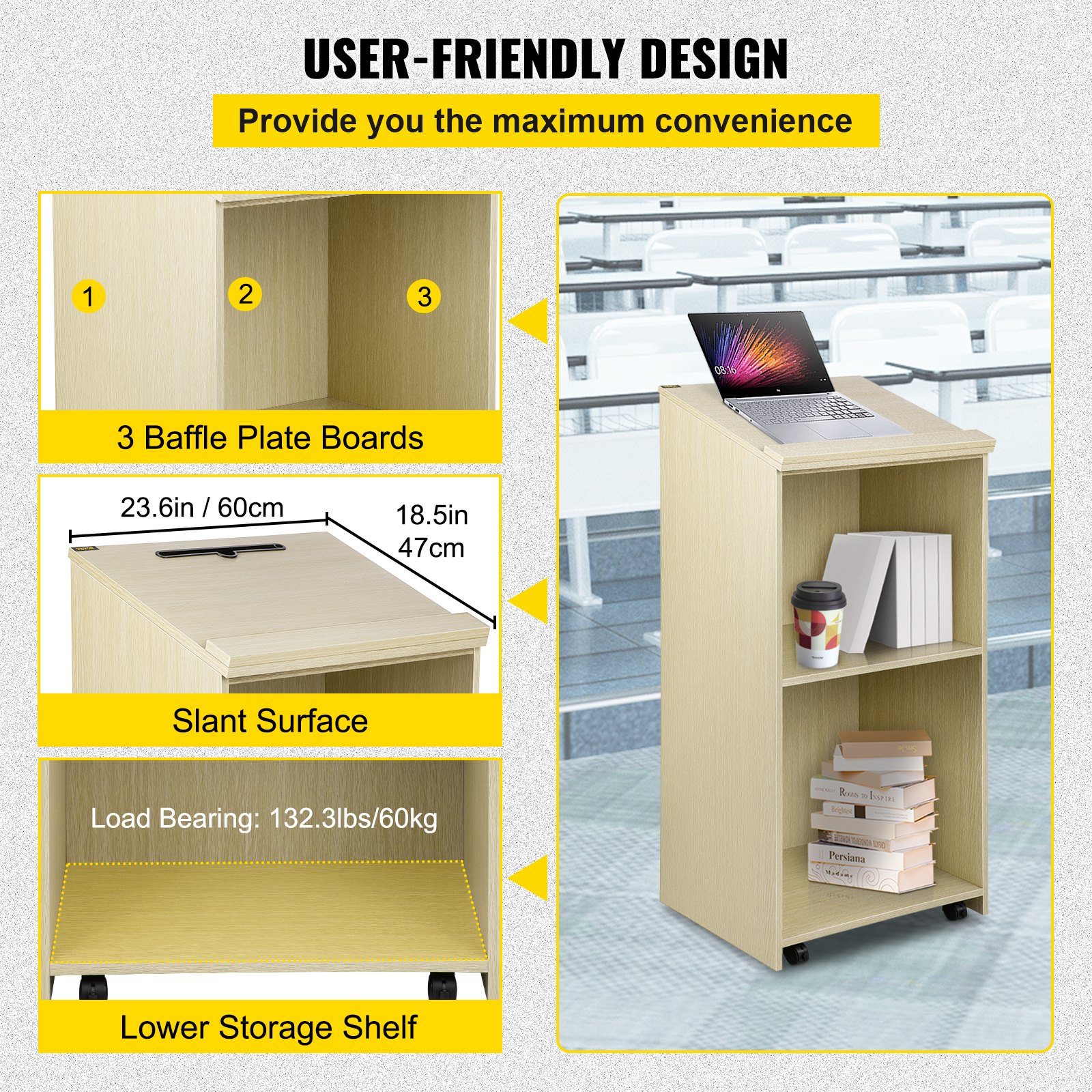 VEVOR Podio de Madera Inclinado 60x40x120 cm Podio Portátil de Pie Capacidad de 60 kg, Madera MDF Duradera, Podio de Madera Rodante con 4 Ruedas Giratorias de 360° para Restaurantes e Iglesias, Blanco