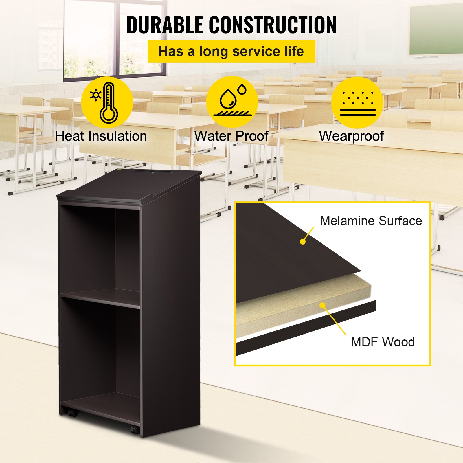 VEVOR Podio de Madera de Pie 60 x 40 x 120 cm Podio Portátil de Pie Gran área de Almacenamiento de 60 kg Podio de Madera Rodante con 4 Ruedas Giratorias de 360° para Restaurantes, Iglesias, Hogares