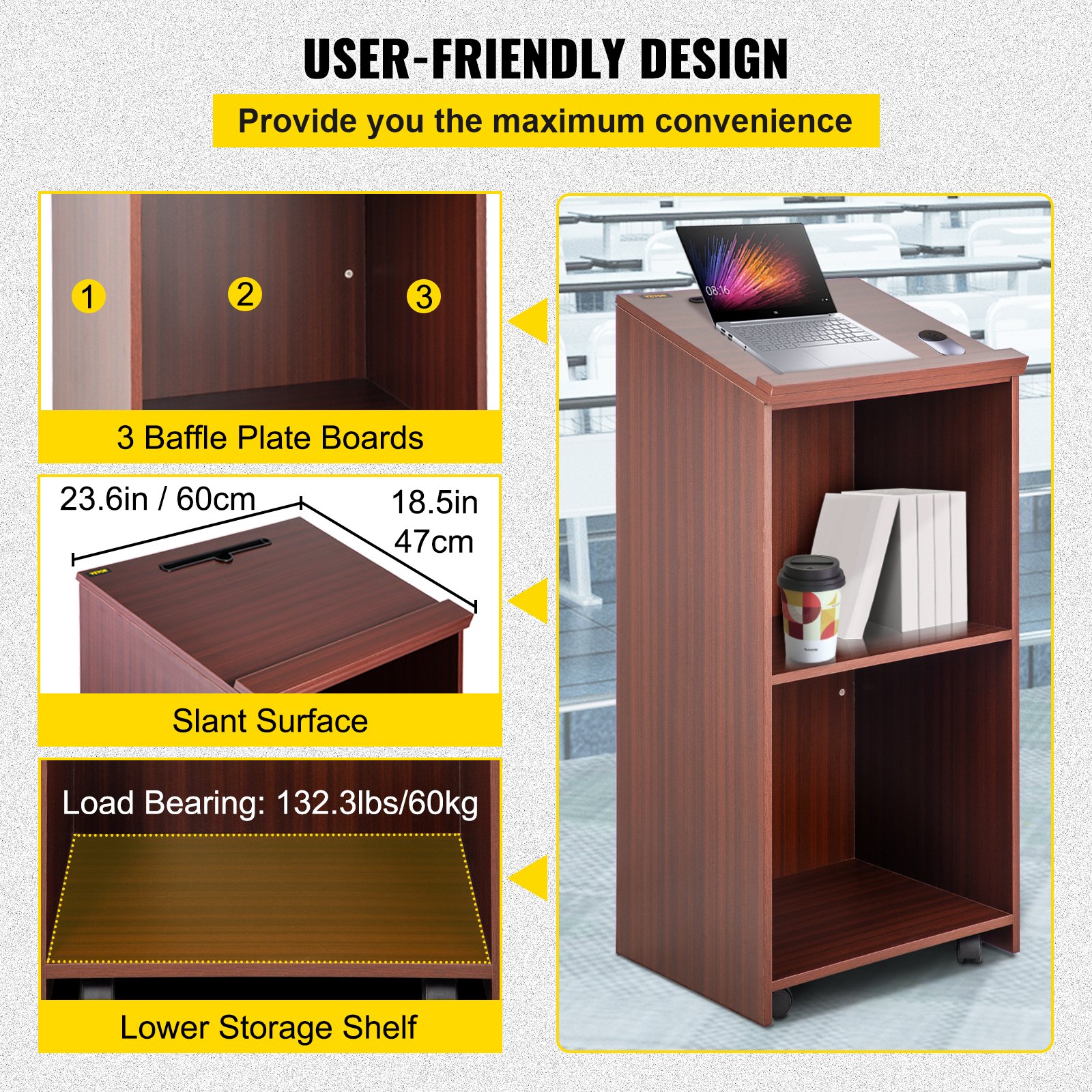VEVOR Podio de Madera de Pie con 4 Ruedas Podio de Madera en el Suelo Podio Portátil 60 x 40 x 120 cm Maciza Podium Portátil Suelo Atril 25 kg Podio de pie sin cajones Atriles Podios