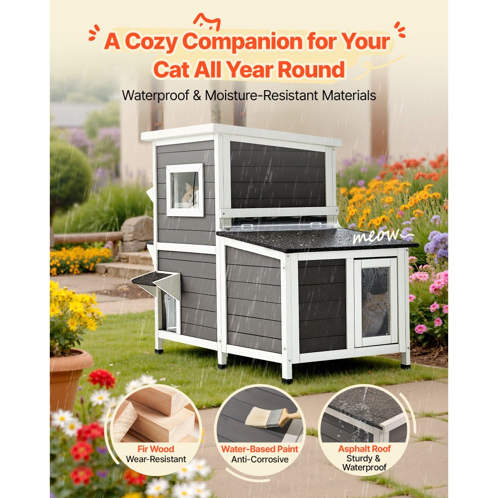 VEVOR Outdoor Cat House, 2-Story Wooden Cat Shelter for 3 Outside Cats in Winter, Elevated Feral Kitty Shelter with Stairs, Clear Window & Flap Doors, Waterproof Cats Condos for Garden 107 x 63 x 86 cm