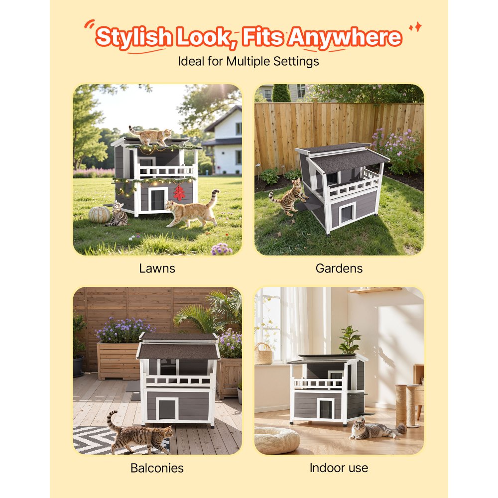 VEVOR Insulated Cat House, 2-Story Wooden Cat Shelter, Foam Insulation, Feral Kitty Shelter with Balcony, Waterproof Cats Condos for Indoor & Outdoor 1-3 Cats in Winter 84 × 75 × 82  cm