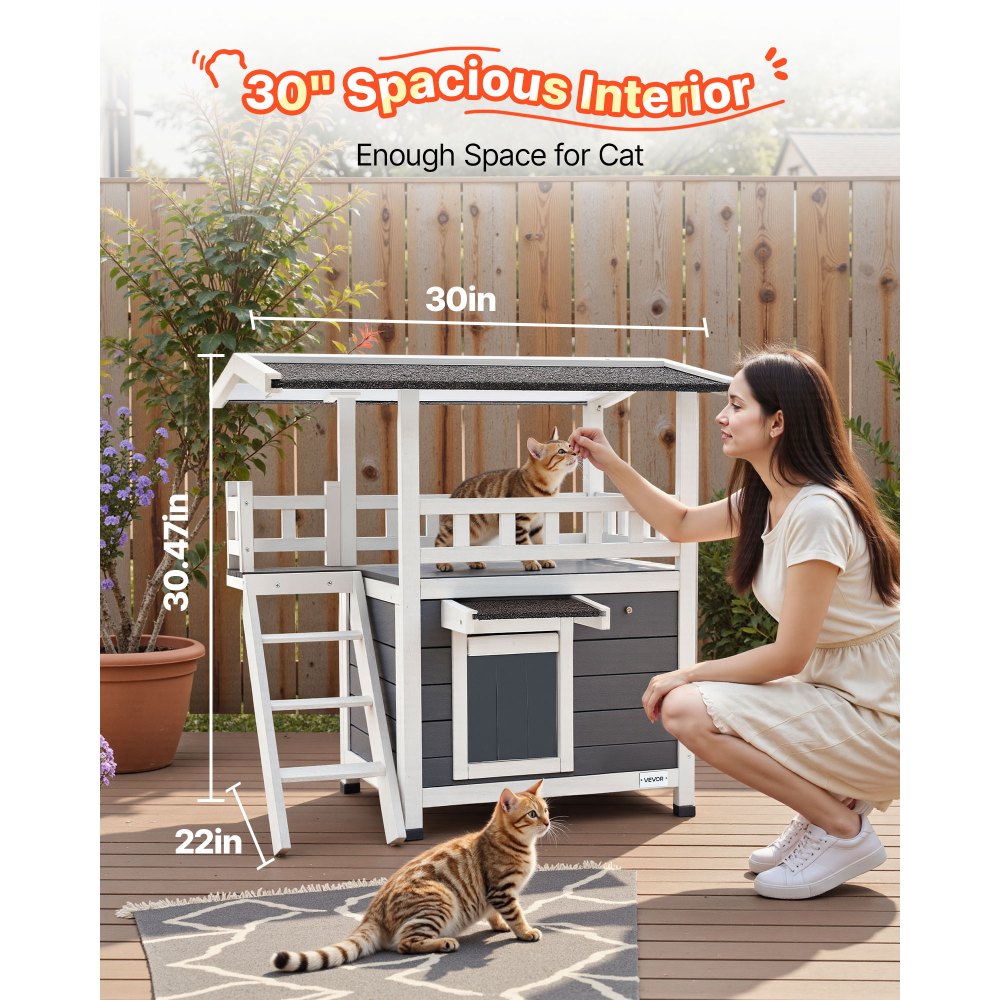 VEVOR Caseta para Gatos, Refugio Elevado de Madera de 2 Plantas con Escaleras y Balcón, Espacio Amplio, Casa Impermeable para Gatos Salvajes de Interior y Exterior en Invierno, 762 x 563 x 774 mm