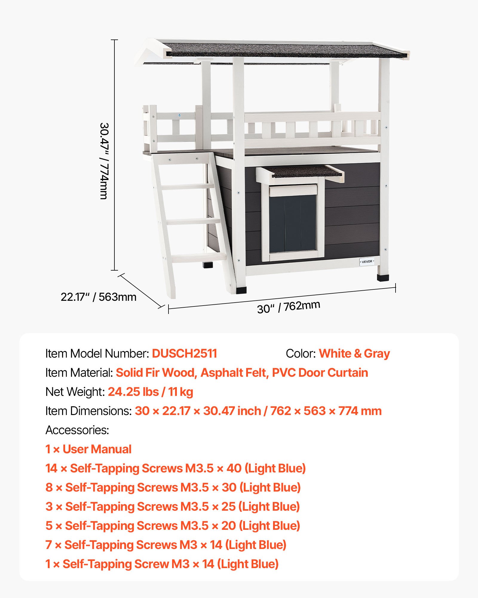 VEVOR Caseta para Gatos, Refugio Elevado de Madera de 2 Plantas con Escaleras y Balcón, Espacio Amplio, Casa Impermeable para Gatos Salvajes de Interior y Exterior en Invierno, 762 x 563 x 774 mm