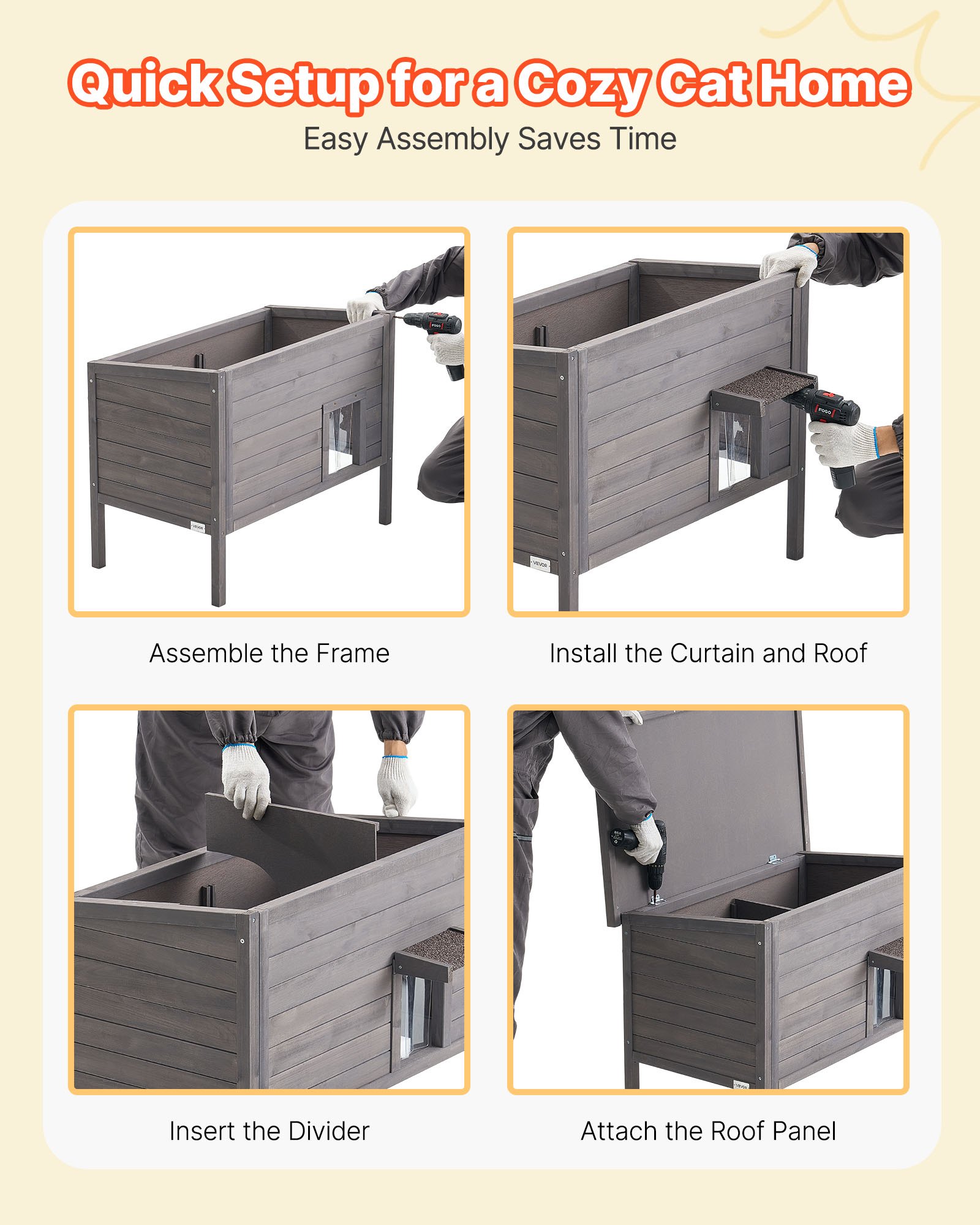 VEVOR Casa para Gatos con Calefacción, Refugio Impermeable para Gatos con Almohadilla Térmica, Puerta Abatible de PVC y Techo de  Asfalto Practicable para 1-3 Gatos en Invierno, 87 x 53,5 x 69 cm