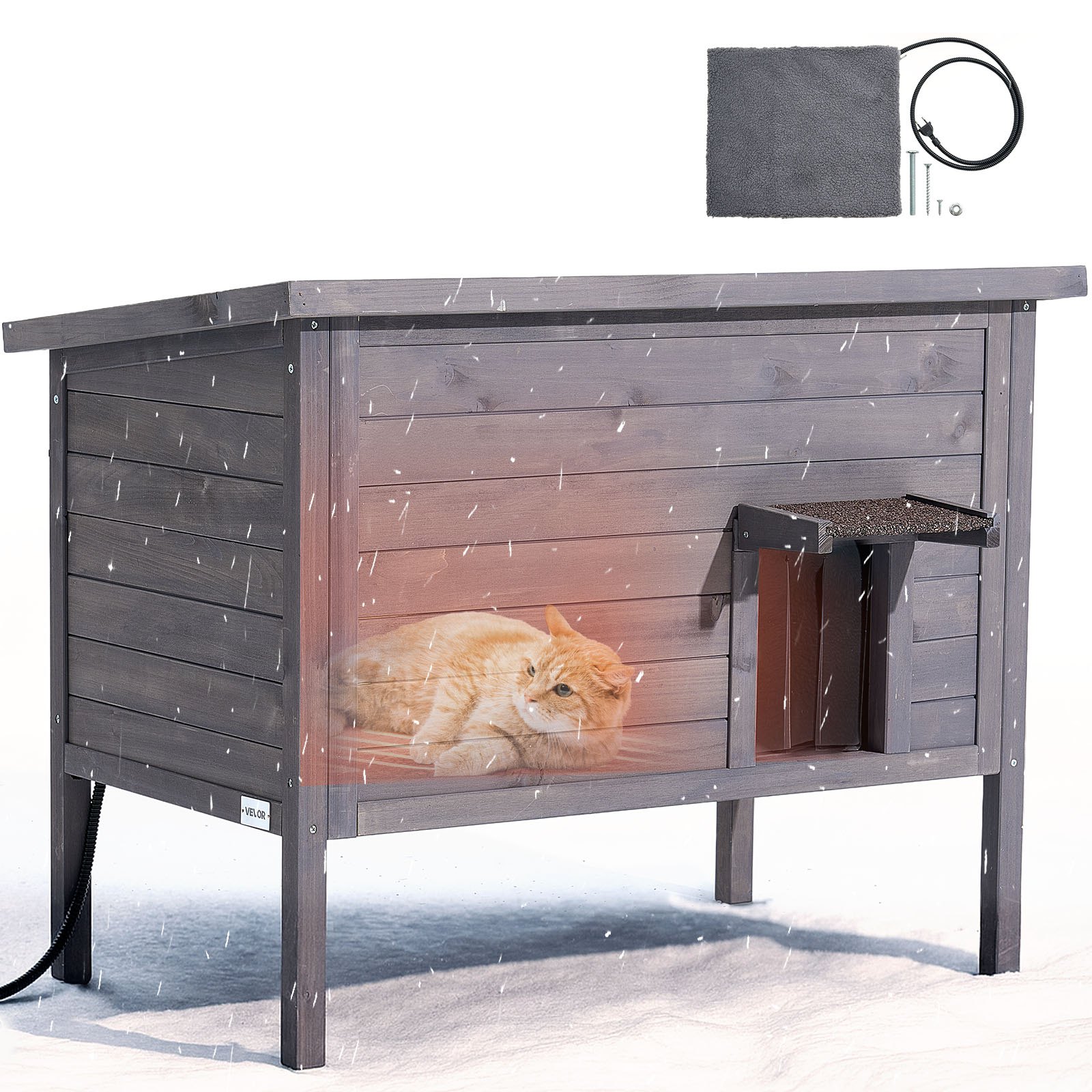 VEVOR Casa para Gatos con Calefacción, Refugio Impermeable para Gatos con Almohadilla Térmica, Puerta Abatible de PVC y Techo de  Asfalto Practicable para 1-3 Gatos en Invierno, 87 x 53,5 x 69 cm