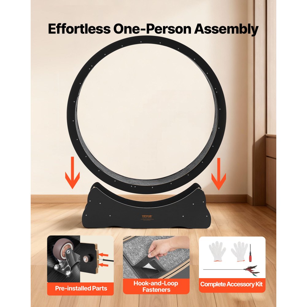 VEVOR Rueda de Ejercicio de Madera, para Gatos de hasta 13,6 kg, Diámetro Interior de 118 cm, Cinta de Correr con Superficie Alfombrada y Mecanismo de Bloqueo, Color Negro, 1320 x 338 x 1415 mm