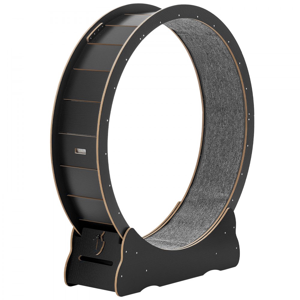 VEVOR Rueda de Ejercicio de Madera, para Gatos de hasta 13,6 kg, Diámetro Interior de 118 cm, Cinta de Correr con Superficie Alfombrada y Mecanismo de Bloqueo, Color Negro, 1320 x 338 x 1415 mm