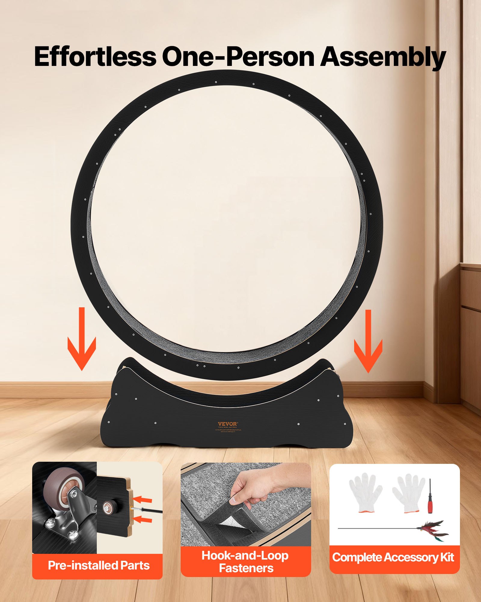 VEVOR Rueda de Ejercicio de Madera, para Gatos de hasta 13,6 kg, Diámetro Interior de 118 cm, Cinta de Correr con Superficie Alfombrada y Mecanismo de Bloqueo, Color Negro, 1320 x 338 x 1415 mm