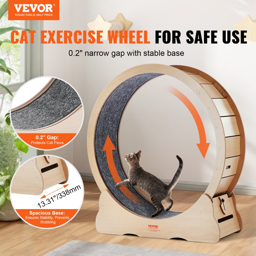 VEVOR Rueda de Ejercicio de Madera para Gatos de Interior 110 x 33,8 x 117 cm, Rueda para Correr con Alfombra Desmontable, Juguete para Correr, Caminar, Entrenar para Diferentes Gatos, Color Madera