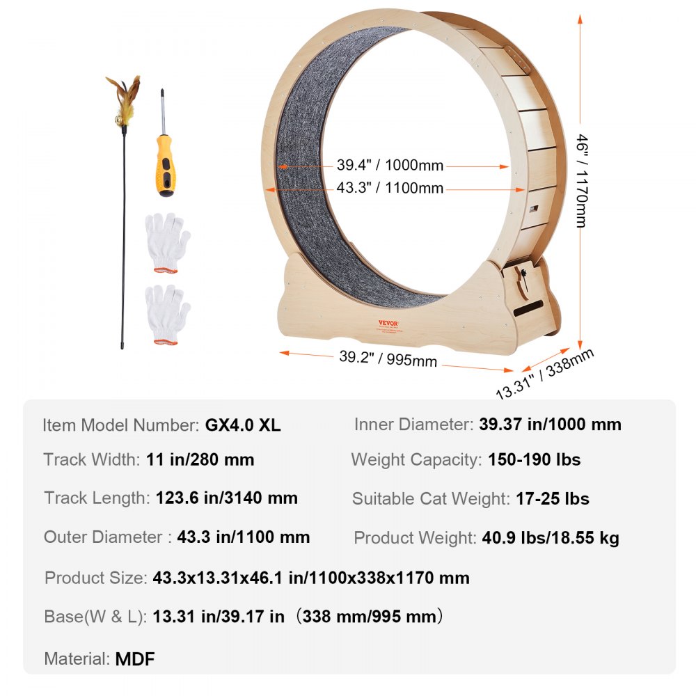 VEVOR Rueda de Ejercicio de Madera para Gatos de Interior 110 x 33,8 x 117 cm, Rueda para Correr con Alfombra Desmontable, Juguete para Correr, Caminar, Entrenar para Diferentes Gatos, Color Madera