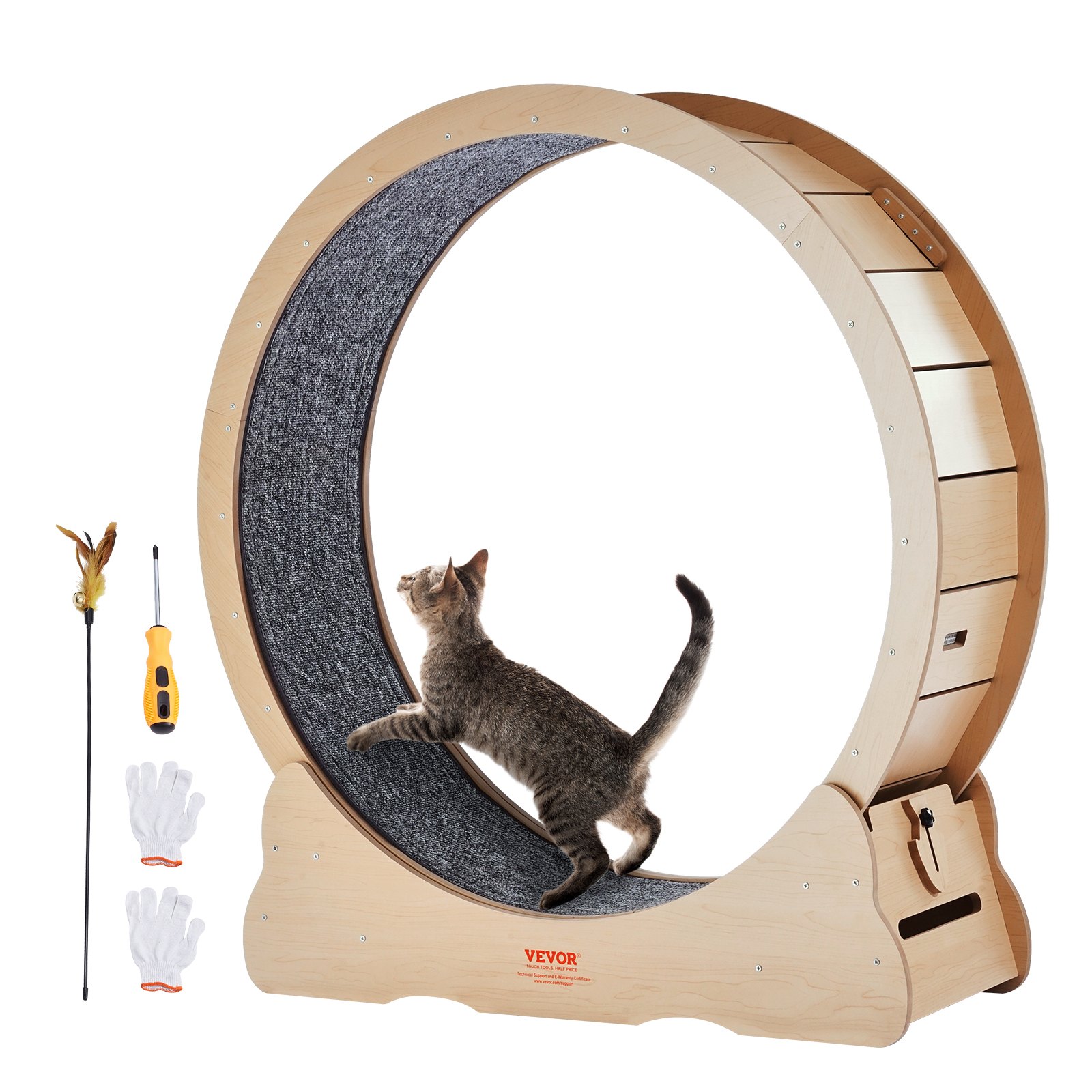 VEVOR Rueda de Ejercicio de Madera para Gatos de Interior 110 x 33,8 x 117 cm, Rueda para Correr con Alfombra Desmontable, Juguete para Correr, Caminar, Entrenar para Diferentes Gatos, Color Madera