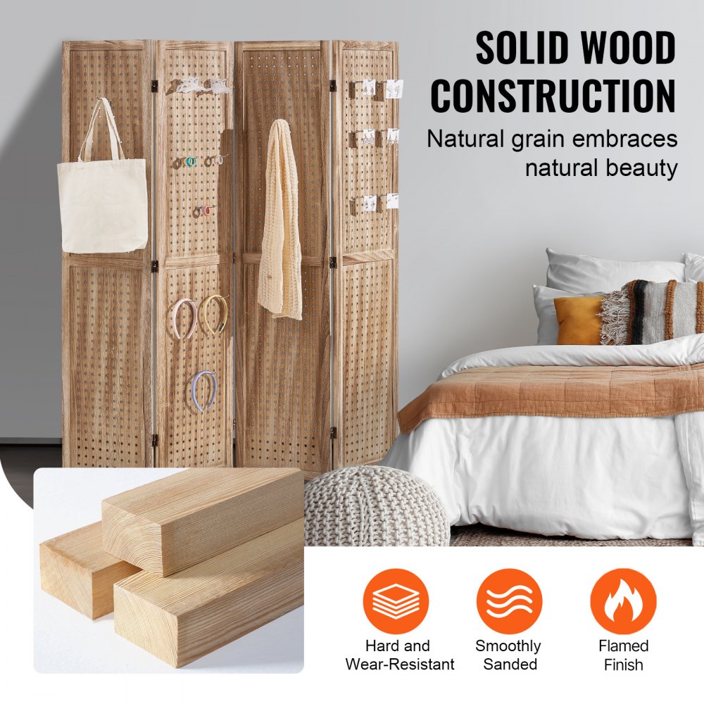 VEVOR Pantalla de Madera Portátil con Gancho, Biombo Plegable de Madera de 4 Paneles para Privacidad, 1620 x 1700 x 18,5 mm para Separar Habitaciones, Hogar, Restaurante y Dormitorio, Color Madera