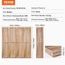 VEVOR Biombo de Madera de 4 Paneles con Gancho 1620x1700x18,5 mm, Color Madera