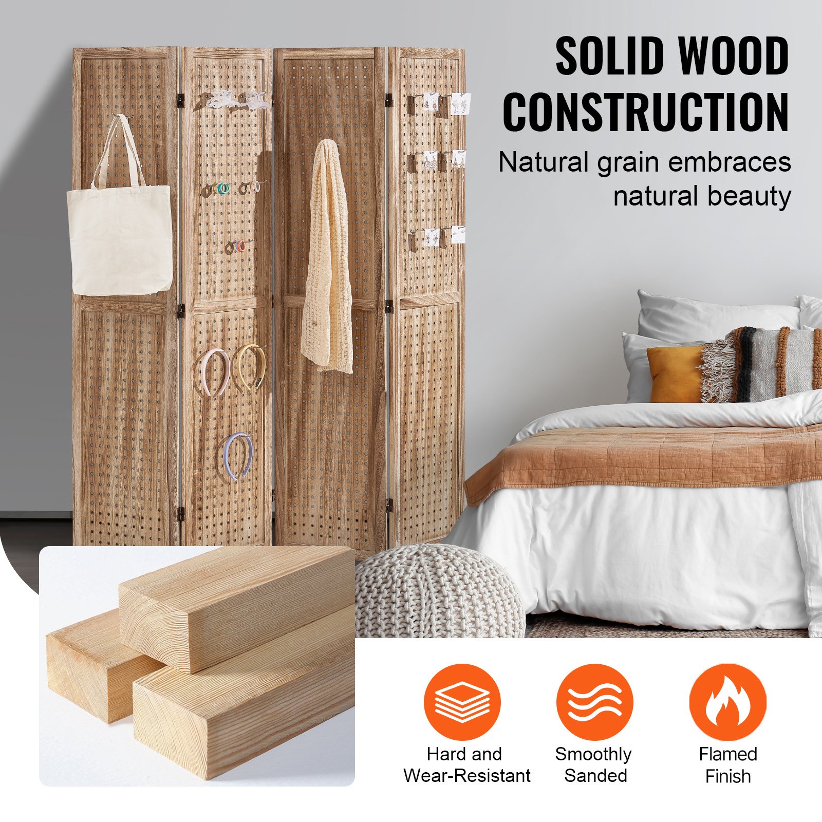 VEVOR Pantalla de Madera Portátil con Gancho, Biombo Plegable de Madera de 4 Paneles para Privacidad, 1620 x 1700 x 18,5 mm para Separar Habitaciones, Hogar, Restaurante y Dormitorio, Color Madera