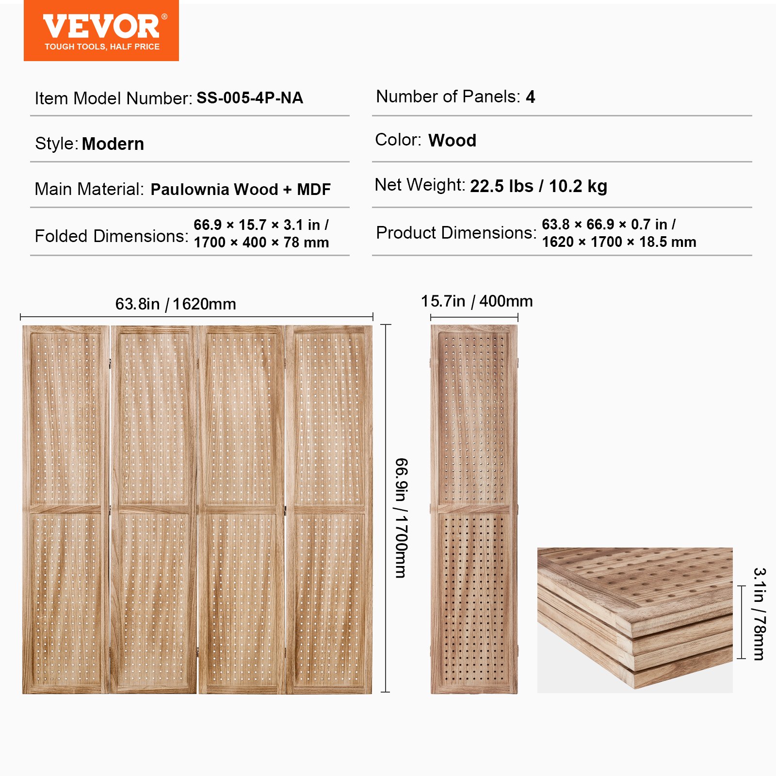VEVOR Pantalla de Madera Portátil con Gancho, Biombo Plegable de Madera de 4 Paneles para Privacidad, 1620 x 1700 x 18,5 mm para Separar Habitaciones, Hogar, Restaurante y Dormitorio, Color Madera