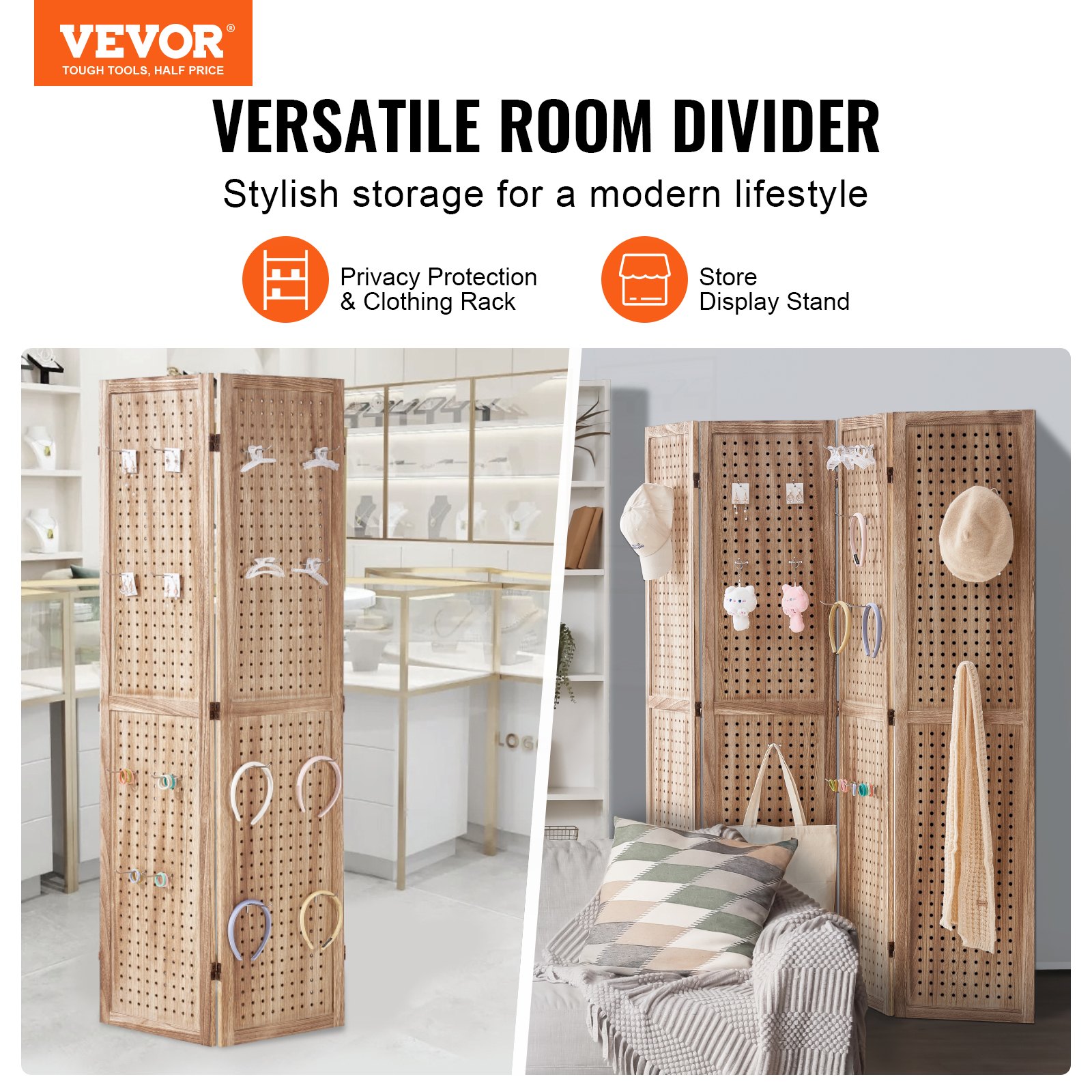 VEVOR Pantalla de Madera Portátil con Gancho, Biombo Plegable de Madera de 4 Paneles para Privacidad, 1620 x 1700 x 18,5 mm para Separar Habitaciones, Hogar, Restaurante y Dormitorio, Color Madera