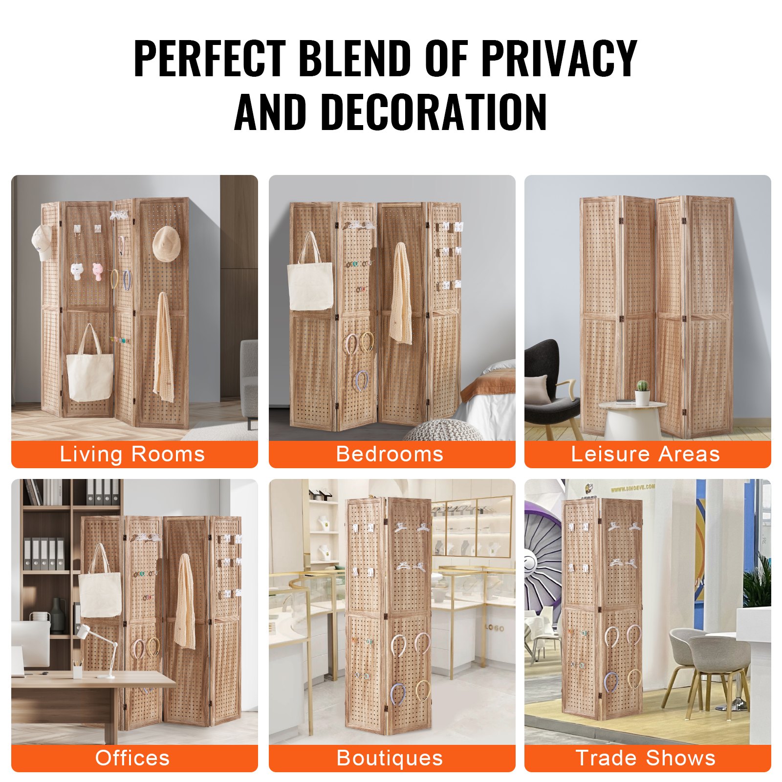 VEVOR Pantalla de Madera Portátil con Gancho, Biombo Plegable de Madera de 4 Paneles para Privacidad, 1620 x 1700 x 18,5 mm para Separar Habitaciones, Hogar, Restaurante y Dormitorio, Color Madera