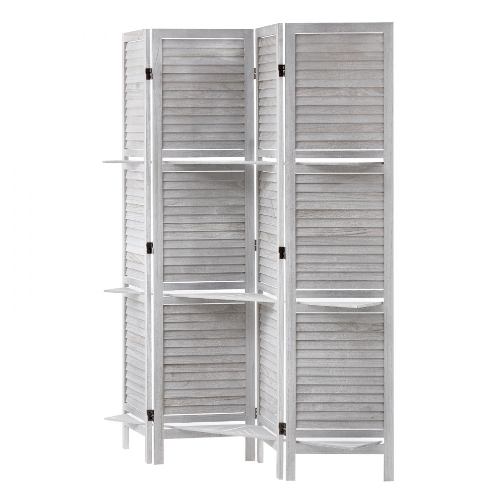 VEVOR Pantalla de Madera Portátil con 2 Estantes, Biombo Plegable de Madera de 4 Paneles para Privacidad, 1220 x 1700 x 320 mm para Separar Habitaciones, Hogar, Restaurante y Dormitorio, Color Blanco