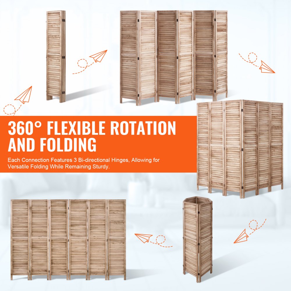 VEVOR Wooden Room Divider Screen, 6-Panel Foldable Privacy Screen, 242 cm Long, Portable Decorative Screen for Room Partitioning with European Style for Home, Restaurant, Bedroom