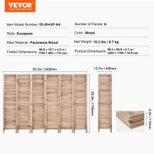 VEVOR Biombo de Madera 6 Paneles de Estilo Europeo 2420x1700x18,5mm Color Madera