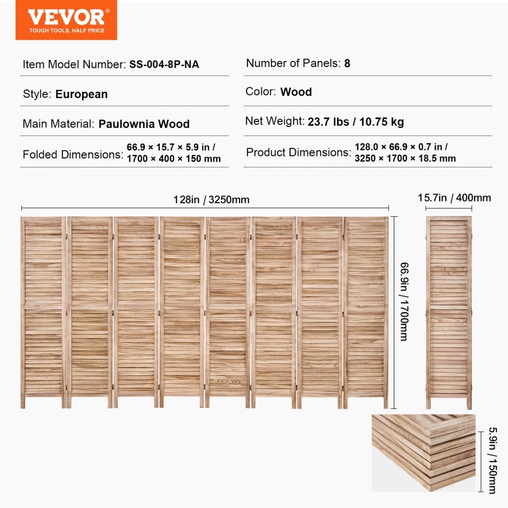 VEVOR Pantalla de Madera Portátil de Estilo Europeo, Biombo Plegable de Madera de 8 Paneles para Privacidad, 3250x1700x18,5mm para Separar Habitaciones, Hogar, Restaurante y Dormitorio, Color Madera