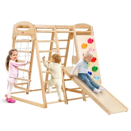 VEVOR 7 en 1 Parque Infantil Interior de Madera 122 x 144 x 147 cm Juguetes de Escalada de Madera con Escalera de Madera y Cuerda, Escalera de Red, Columpio, Barra de Mono, Tobogán, Pared de Escalada