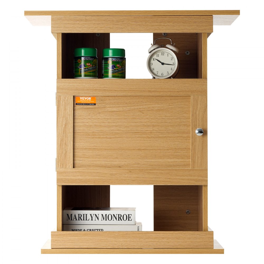 Soporte de madera para acuario VEVOR con estantes que muestran suministros para acuarios, un reloj despertador y libros.