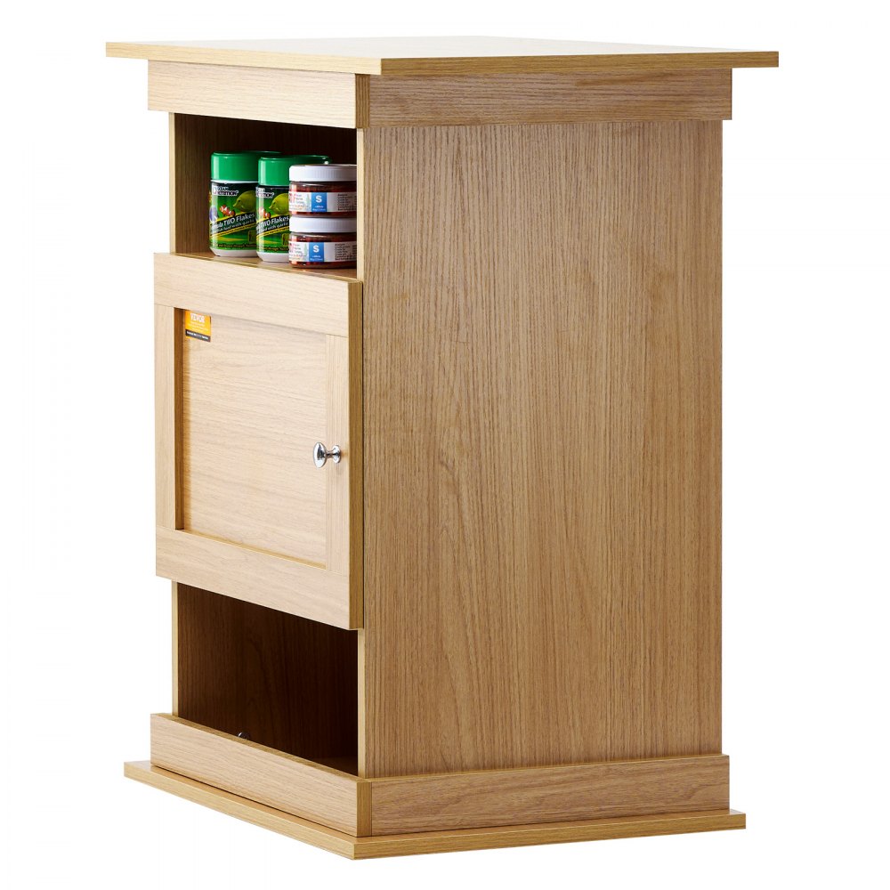 Soporte para acuario VEVOR de color marrón con estantes de almacenamiento y armario para guardar suministros para el acuario.
