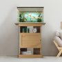 Soporte para acuario VEVOR con acabado de madera, que incluye un acuario lleno, un reloj y estantes de almacenamiento.
