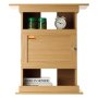 Soporte de madera para acuario VEVOR con estantes que muestran suministros para acuarios, un reloj despertador y libros.
