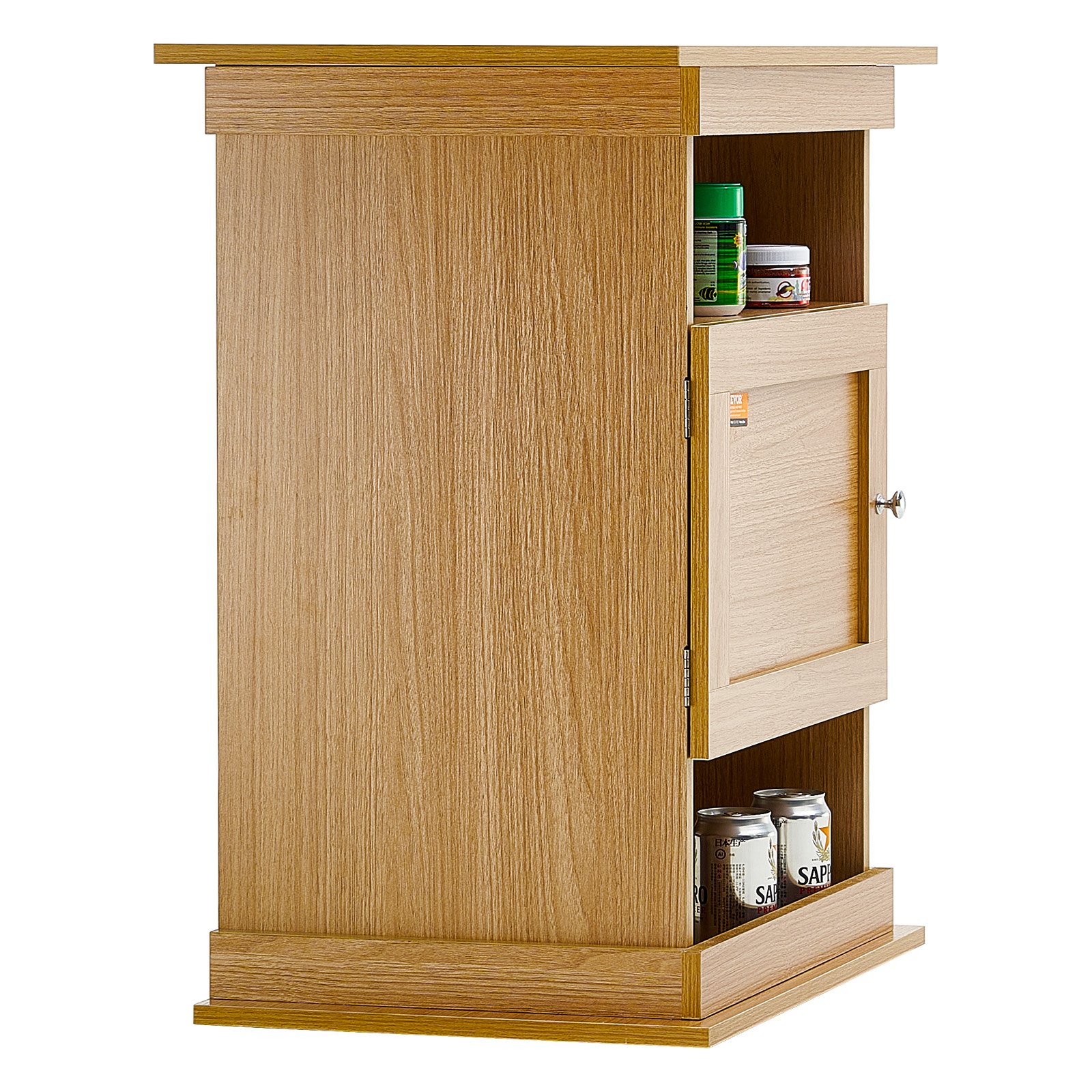 Soporte para acuario VEVOR de color roble con estantes de almacenamiento que incluyen latas y recipientes.