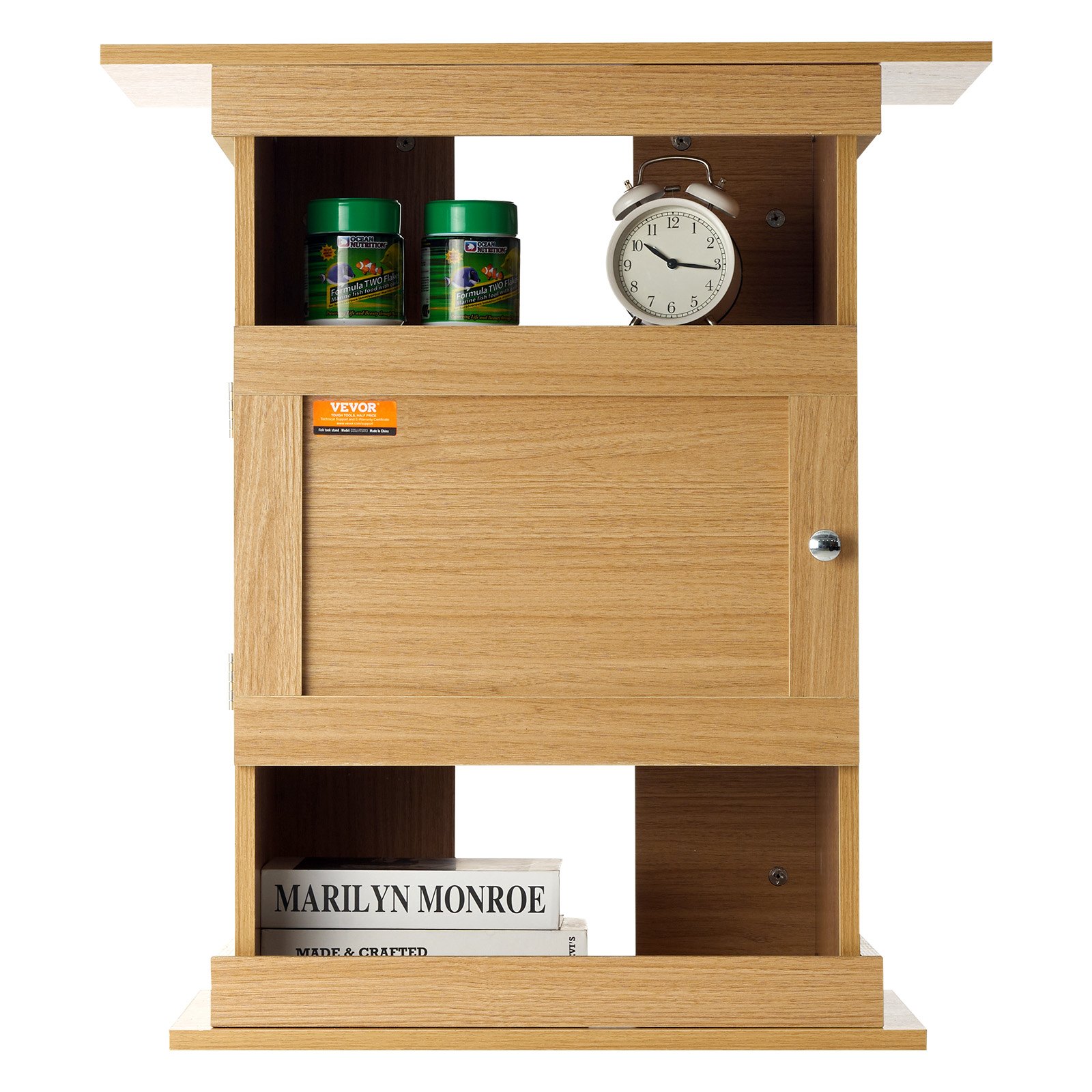Soporte de madera para acuario VEVOR con estantes que muestran suministros para acuarios, un reloj despertador y libros.