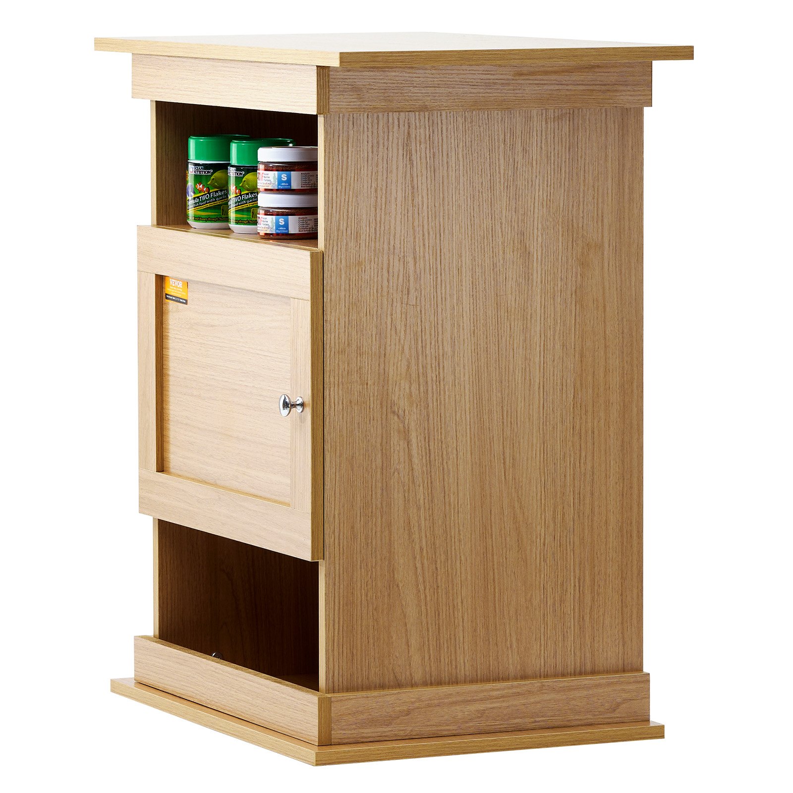Soporte para acuario VEVOR de color marrón con estantes de almacenamiento y armario para guardar suministros para el acuario.