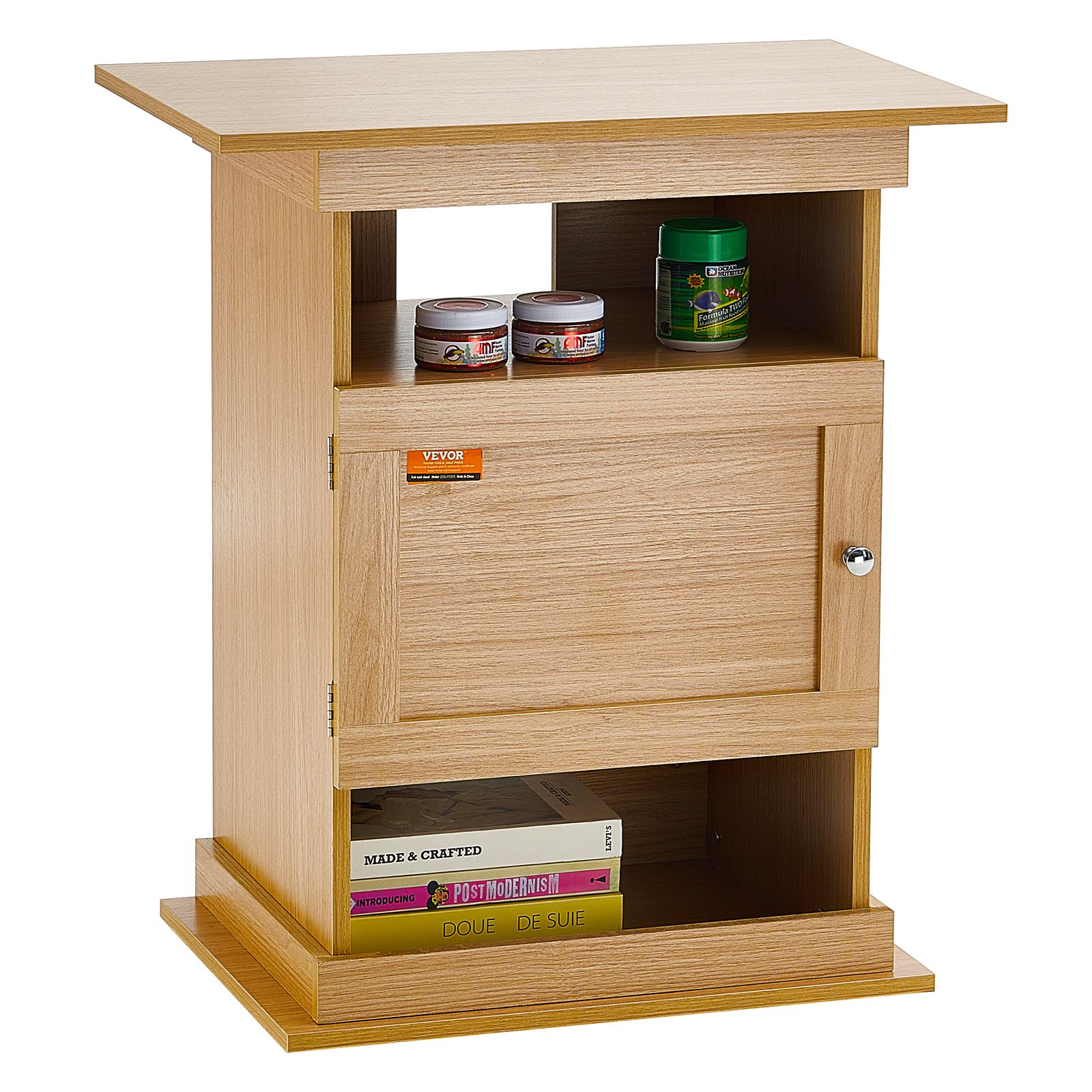Soporte para acuario VEVOR con acabado de madera, estantes de almacenamiento y una puerta para espacio de almacenamiento adicional.