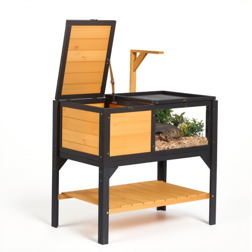 VEVOR Casa para Tortugas de Madera Terrario para Reptiles Techo de Malla, Recinto para Animales Pequeños Interior Exterior, 2 Cabinas, Panel Transparente de Visualización, Estante de Almacenamiento
