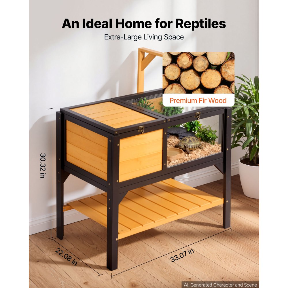 VEVOR Casa para Tortugas de Madera Terrario para Reptiles Techo de Malla, Recinto para Animales Pequeños Interior Exterior, 2 Cabinas, Panel Transparente de Visualización, Estante de Almacenamiento