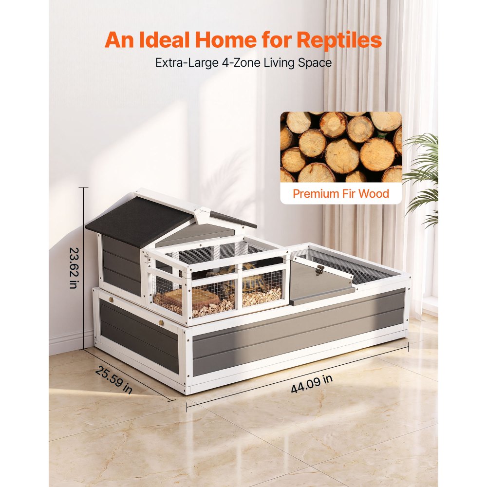 VEVOR Casa para Tortugas de Madera 4 Cabinas Terrario para Reptiles Terraza, Recinto para Animales Pequeños Interior Exterior, Techos de Malla, Tapa Abatible, Rampa Integrada, con Kit de Instalación