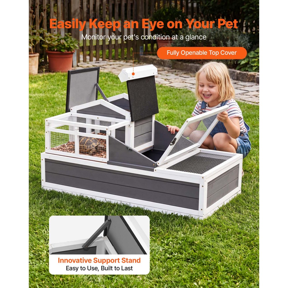 VEVOR Casa para Tortugas de Madera 4 Cabinas Terrario para Reptiles Terraza, Recinto para Animales Pequeños Interior Exterior, Techos de Malla, Tapa Abatible, Rampa Integrada, con Kit de Instalación