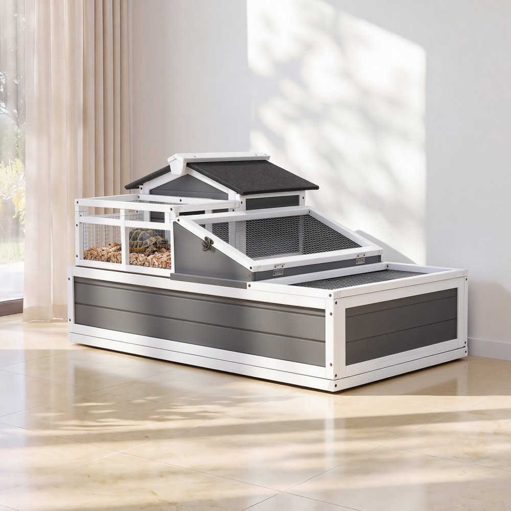 VEVOR Casa para Tortugas de Madera 4 Cabinas Terrario para Reptiles Terraza, Recinto para Animales Pequeños Interior Exterior, Techos de Malla, Tapa Abatible, Rampa Integrada, con Kit de Instalación