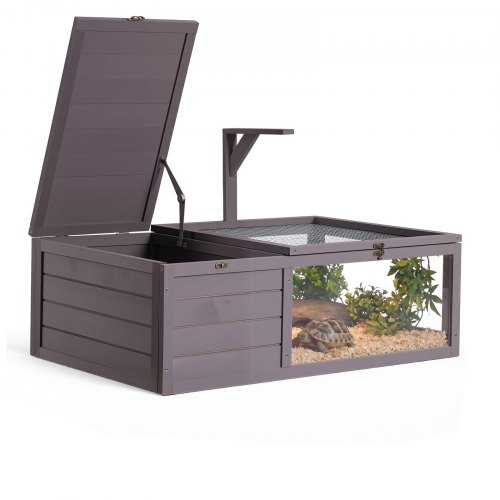 VEVOR Casa para Tortugas de Madera Terrario para Reptiles con 2 Cabinas, Recinto para Animales Pequeños, Techo de Malla Abatible, Panel Lateral Transparente, Bandeja Extraíble, Soporte para Lámpara