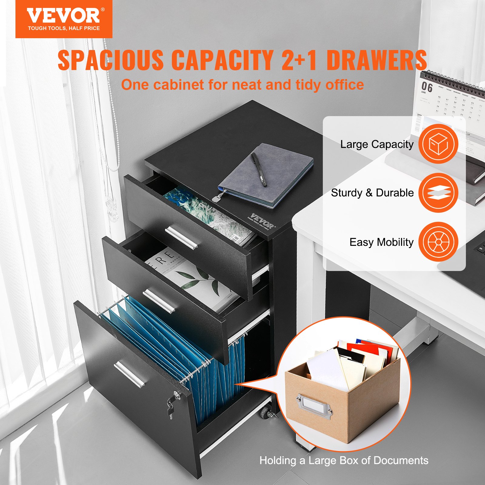 VEVOR 3-Tier Filing Cabinet Side Unit with 3 Drawers + 2 Keys, 63.5 kg Load Capacity, Office Living Room Storage Cabinet, 450 x 400 x 650 mm Metal Cabinet Rolling Container