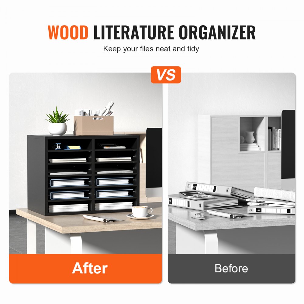 Organizador de literatura de madera VEVOR: antes: escritorio desordenado, después: archivos ordenados, espacio de trabajo organizado.