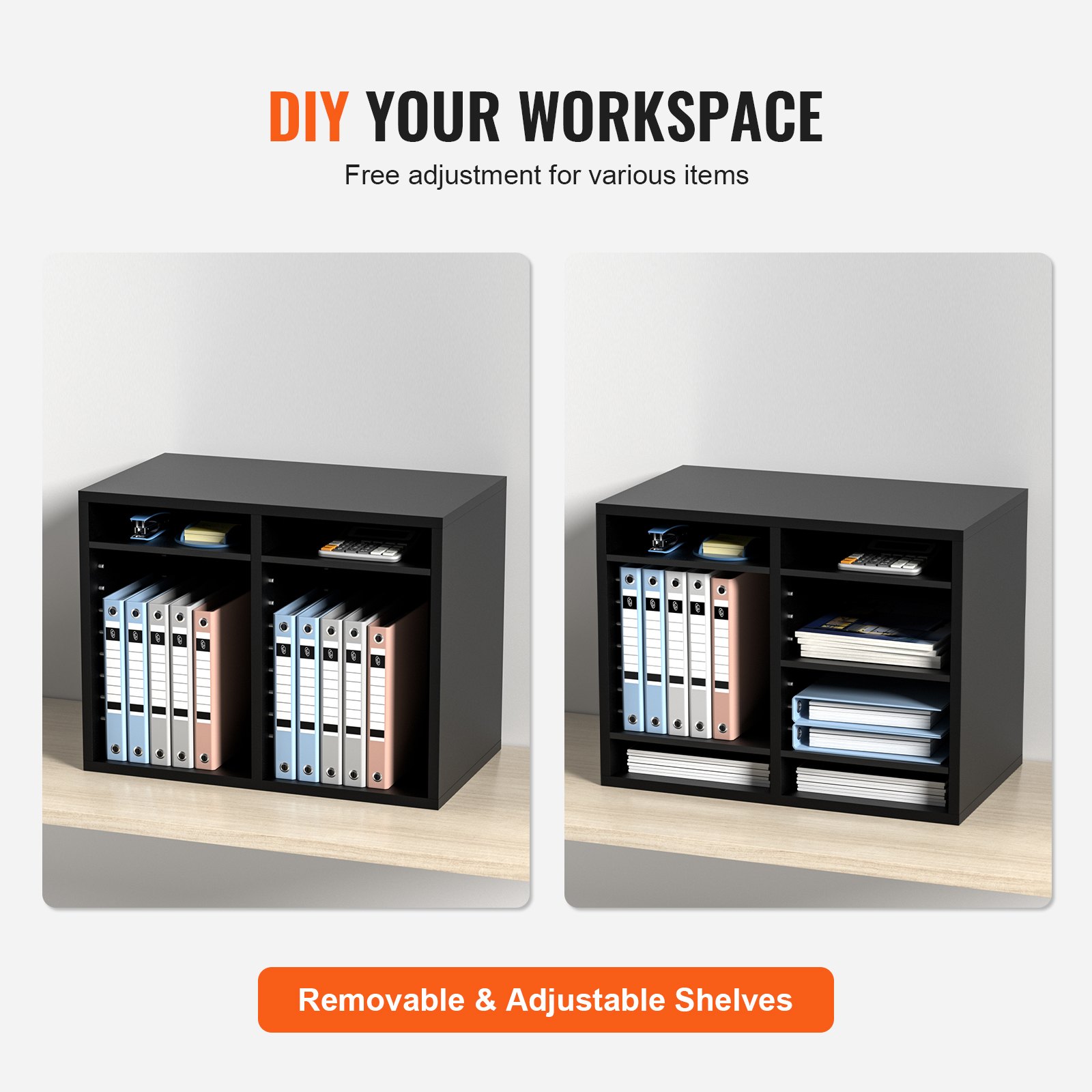 Organizador de literatura de madera VEVOR con estantes extraíbles y ajustables para un espacio de trabajo personalizable.